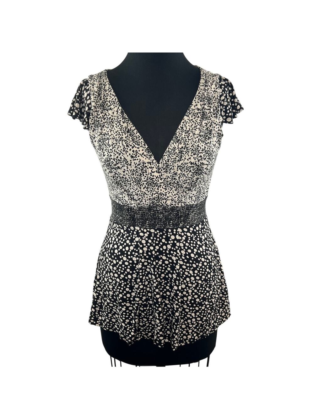 Y2K 90's 2000 BARASCHI Black White Print V Neck Waisted Blouse Top Size S Small
